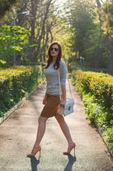 GEOMETRIC SKIRT AND GREY TOP