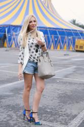 WHITE LINEN VEST AND BRIGHTLY COLORED HEELS