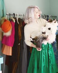 lavender curls, a soap bubble cardigan, vintage green ruffles and lace