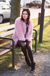 Pink Shaggy Faux Fur Coat and Sneaker Wedges