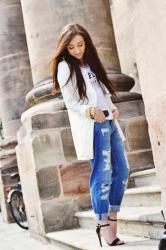 white spring coat and boyfriend jeans