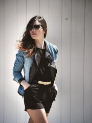 denim jacket + black jumpsuit