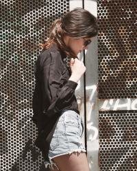 Denim shorts & Black Shirt With Split Sleeve