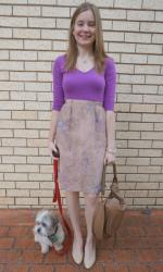 Purple Skinny Jeans, Grey Beaded Knit, Mulberry Alexa | Vintage Printed Pencil Skirt, Wittner Heels, Chloe Marcie Bag