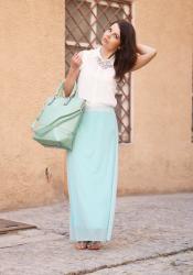 MINT MAXI SKIRT & MINT BAG & WHITE BLOUSE |spódnica maxi, jak ją nosić?