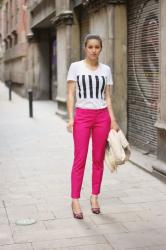 pink pants & geometric t-shirt