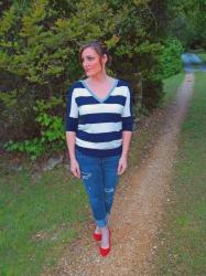 Distressed Skinnies, Stripes, and Red Shoes