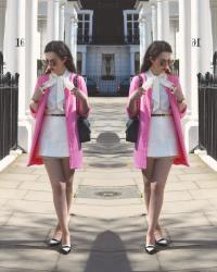Pink Boucle Jacket / Oversized Bow Blouse / Organza Lace Skirt