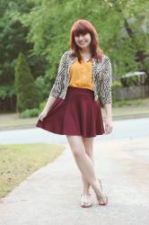 Maroon Skater Skirt, Mustard Top, & a Zebra Cardigan