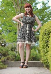 Backless Cat Print Dress over a Lace Polka Dot Blouse