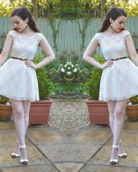 Lace Cap Sleeve Dress / White Heeled Sandals / Giant Hair Bow