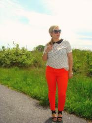 Bright Orange Pants and Polka Dots!