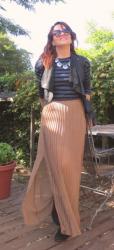 Leather Vest and Pleated Maxi Skirt