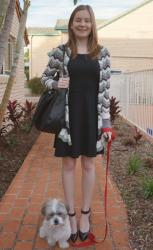 Chevron Cardi, Glassons Skater Dress, Heels, Python Bag | Blazer, Printed Cami, Black Pants, Sorbet City