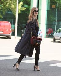 Long trench coat and metallic sandals