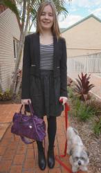 Purple Knit, Skinny Jeans MAC Bag | Stripe Top, Jacquard Skirt, Black Asos Ankle Boots, Sapphire Balenciaga City