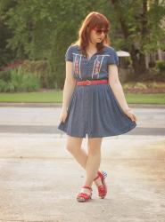 A Matchy Navy Polka Dot Dress & Red Target Shoes Outfit