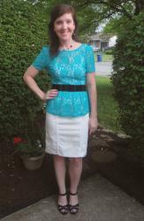 Turqouise Lace Peplum and White Pencil Skirt
