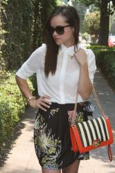 Floral skirt, striped bag!