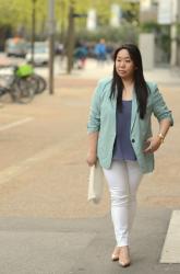 Pastel Blue Blazer and White Jeans