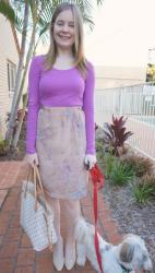 Purple Tee, Printed Skirt, LV Neverfull, Patent Heels | Knit Jumper, Printed Dress, Pistol Boots, MbMJ Fran Bag