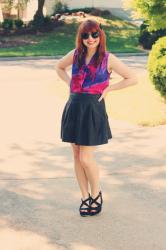 Tie Dye Top, Leather Skirt, & Polka Dot Sunglasses