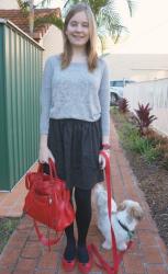 Purple Skinnies, Stripe Tank, Waterfall Jacket, RM Mini MAC | Jacquard skirt, Beaded Jumper, Balenciaga Velo, Red Shoes