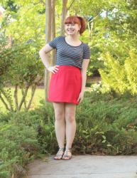 Striped Top, Red Mini Skirt, & a Side Ponytail