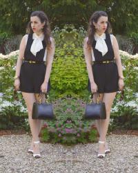 Dungaree Playsuit / Pussybow Blouse / Mini Gold Chain Bag