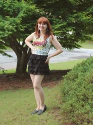 Cartoon Print "Pow!" Top, Ruffled Lace Skirt, & Studded Loafers