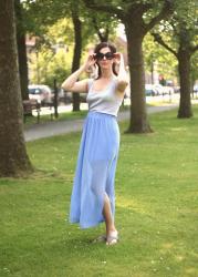 Skyblue Maxi Skirt, Beaded Sandals