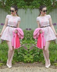 Pink Floral Jacquard Dress with V-Back / Chandelier Earrings