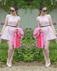 Pink Floral Jacquard Dress with V-Back / Chandelier Earrings