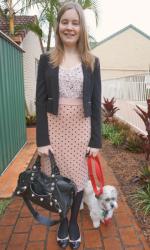 Floral Top, Pink Polka Dot Pencil Skirt, Balenciaga Part Time | Leather Jacket, Print Dress, Wittner Heels, Magenta Work Bag