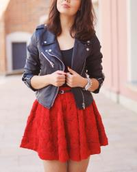 RED ROSE SKIRT & LEATHER JACKET
