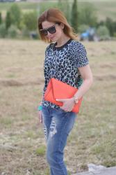 Studded sunnies, metallic sandals and orange clutch