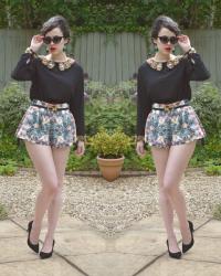Jewel Print Shorts / Blouse with Embellished Cuffs and Collar