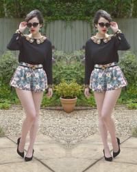 Jewel Print Shorts / Blouse with Embellished Cuffs and Collar