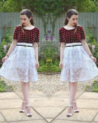 Red Velvet Top with Pearl Embellishment / White Lace Midi Skirt