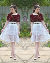 Red Velvet Top with Pearl Embellishment / White Lace Midi Skirt