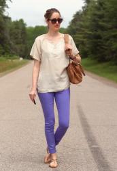 Running errands:  purple skinny jeans and a silk top