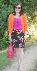 Floral Skirt, Pink Ruffles, and Orange Touches