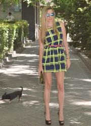 Fluor dress, mirror sunnies and plastic box clutch
