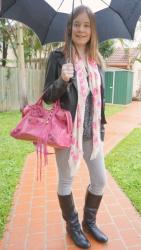 Leather Jackets, Skinny Jeans and a Tee, Alexander McQueen Pink Skull Scarf, Balenciaga City and Day Bags