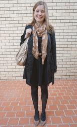 Purple Jeans, Pink Scarf, Pistol Boots, Rebecca Minkoff MAC | Trench, Skater Dress, Heels, Nikki Hobo Bag