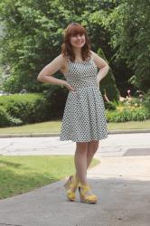 White Polka Dot Dress & Yellow Wedges