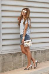 DENIM SHORTS AND DOTS BLOUSE