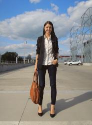 white blouse with black and red cubes