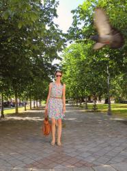 floral dress with brown accessories