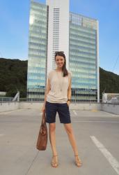 dark blue shorts and nude sandals